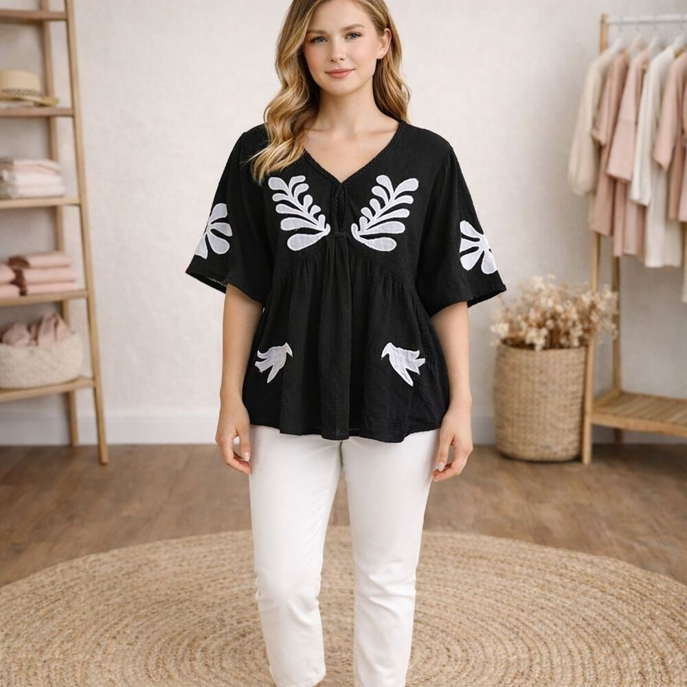 CALYPSO ST BARTH New Black‎ Cotton LARGE Embroidered Peasant Boho Blouse Top